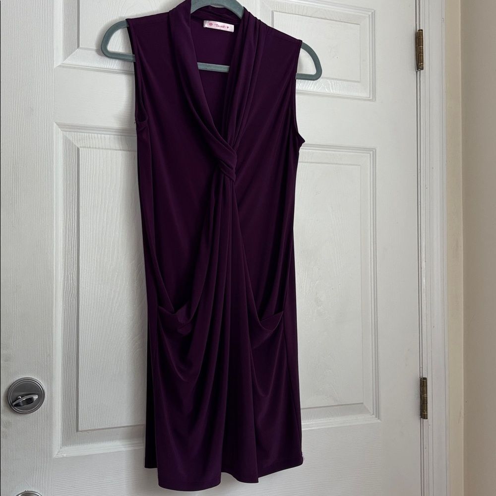 Blush Plum Purple sleeveless dress slinky stretch draped front size Large Vneck